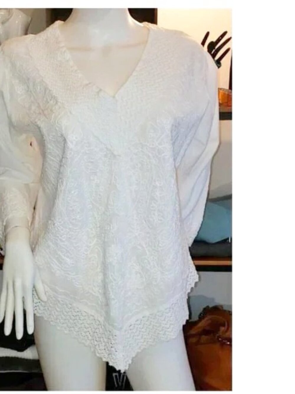 NWOT crisp white cotton embroidery asymetric v-neck blouse large